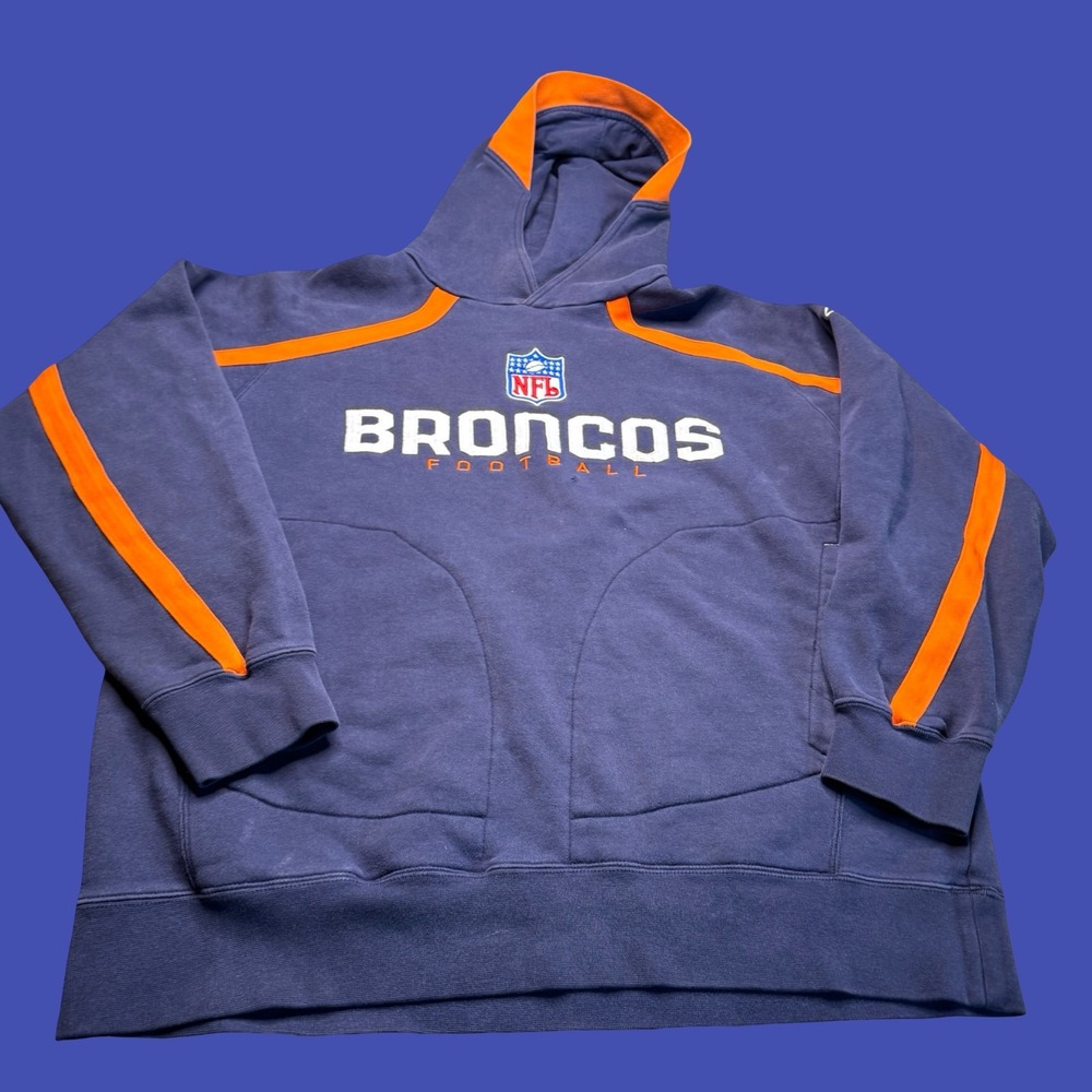Reebok Denver Broncos Hoodie Blue Orange NFL Football Pullover Distressed